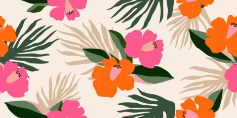 Foto op Canvas Hand drawn tropical flowers, seamless patterns with floral for fabric, textiles, clothing, wrapping paper, cover, banner, interior decor, abstract backgrounds. vector illustration. © Udomdech
