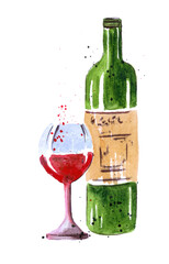 Watercolor drawing of a green bottle and glass with red wine on a white background.