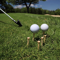 Colorful leather Golf Tee Holder. Concept shot, top view, different color. Golf tee. Grass background.