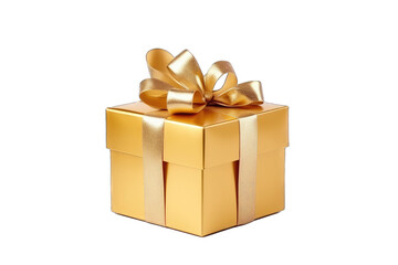Gold gift box with ribbon on transparent background.