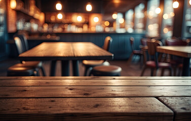 Fototapeta na wymiar Empty wooden table with blur rustic coffee shop restaurant cafe