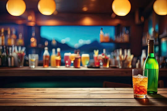  wooden table with beverage of blurred cafe backdrop