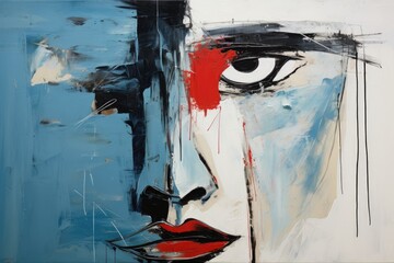 Abstract oil painting of a woman's face in red and blue, Abstract expressionism portrayal of a face, AI Generated