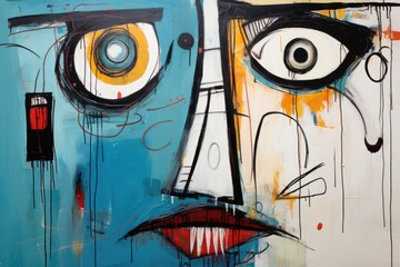 graffiti on the wall, human face, drawing by oil paints, Abstract expressionism portrayal of a...