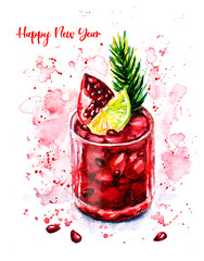 New Year greeting card with a pomegranate drink using sketching technique