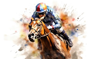 Horse jockey riding on racecourse, watercolor painting illustration, Abstract racing horse with jockey from a splash of watercolors, AI Generated - obrazy, fototapety, plakaty