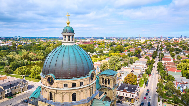 Aerial View of Basilica of St Josaphat Dome and Milwaukee Cityscape