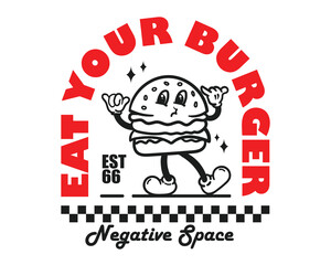Groovy funky vector burger mascot illustration cartoon style, retro and trendy graphic design for fashion wear, street wear, clothing line, apparel and urban style t shirt design, hoodies, etc.
