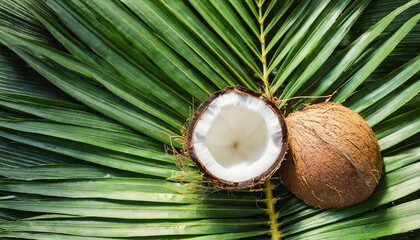 Fototapeta na wymiar Coconut broken half on palm leaf