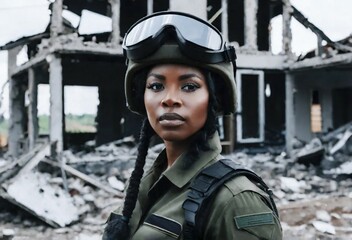 black woman in a military helmet against the background of a destroyed house