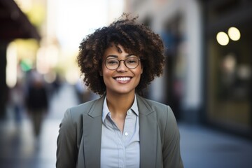 Portrait of smiling businesswoman with eyeglasses standing in city, An African American woman wearing glasses and a suit standing in front of a building with a smile, AI Generated