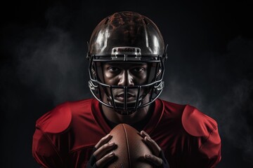 american football player with helmet and ball in smoke isolated on black, An American football player in a helmet holding a rugby ball, AI Generated