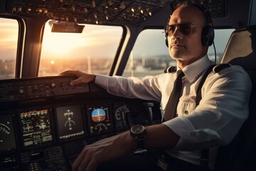Pilot in the cockpit of a plane at sunset. The pilot controls the aircraft, An airplane pilot at the airport, AI Generated - obrazy, fototapety, plakaty