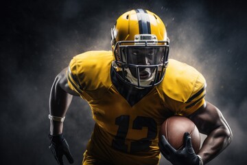 American football player with ball on dark smoky background. Sports concept, An American football player in a helmet holding a rugby ball, AI Generated