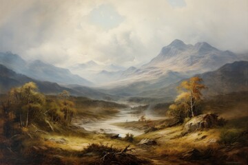 Digital painting of an autumn landscape with a river and a mountain in the background, An antique...