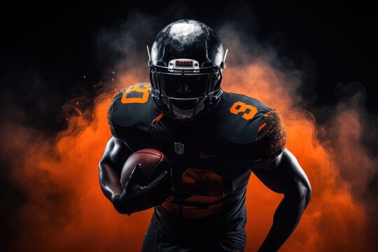 Portrait of a serious american football player holding ball against black background, An American football player in a helmet holding a rugby ball, AI Generated - Powered by Adobe