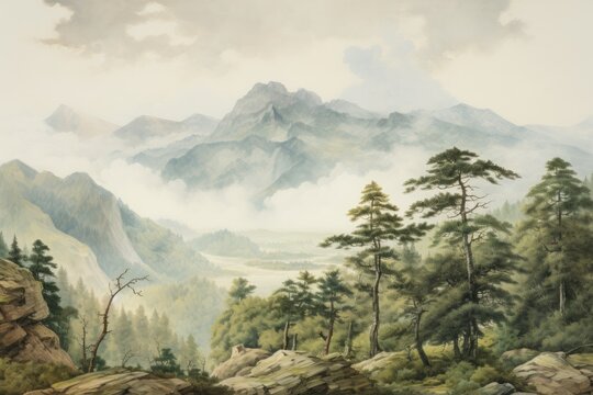 Digital painting of an autumn landscape with a river and a mountain in the background, An antique mountain landscape painting featuring stunning natural vistas, conveying, AI Generated