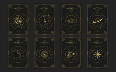 Tarot card. Celestial mystical moon, sun and symbols. Vector illustration.