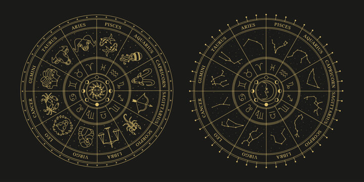 Astrological wheel with zodiac signs, symbols and constellations. Celestial mystical wheel. Mystery and esoteric. Horoscope vector illustration.
