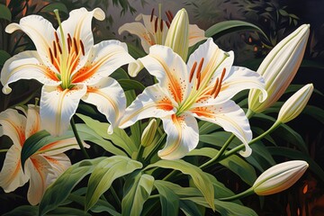 White lily flowers in the garden. Illustration for postcards, Beautiful botanic lily flower oil...