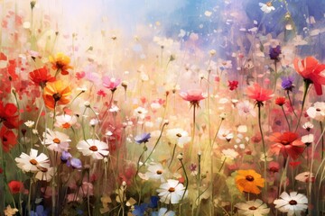 Flower meadow with clouds and sky background. Vector illustration, Beautiful digital art realistic painting of a meadow full of wildflowers, AI Generated