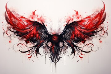 Black wings of a crow on a background of red blood splashes, Beautiful magic red-black wings drawn...