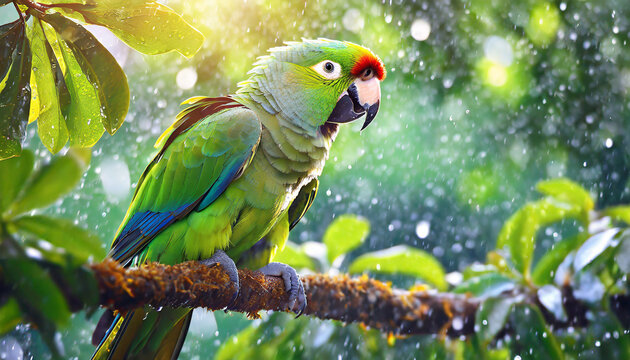  Green parrot sitting on a branch in the rain fores