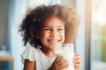 Close up of smiling little girl holding glass of milk and looking at camera, Banner showcasing a perfect kids smile close up, with a happy little girl displaying a beautiful white, AI Generated