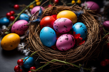 Fototapeta na wymiar Célébration de Pâques: Nid d'Œufs Multicolores et Traditions Printanières