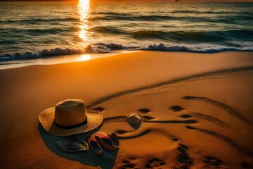 Fototapeta na wymiar A beach bag and sun hat on a sandy shore during sunset, warm hues coloring the sky, footprints leading towards the water's edge
