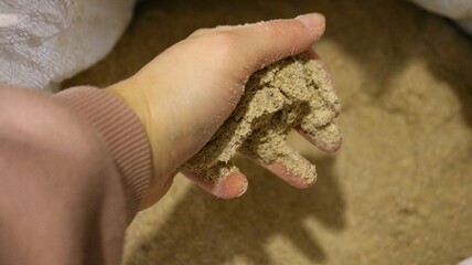 a hand taking a handful of crushed, finely ground dry combined feed for farm animals and poultry,...