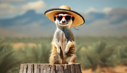 Smiling meerkat with sunglasses and sombrero stand on stump.	 - obrazy, fototapety, plakaty