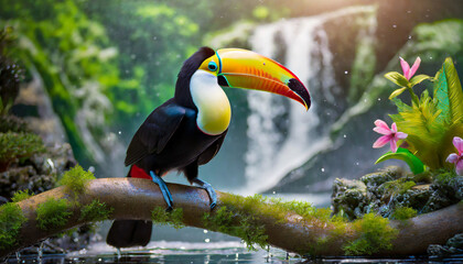 Toucan close up, standing on a branch in the tropical forest .