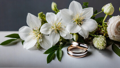 Wedding rings of white gold lie beautifully next to flowers.