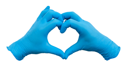 Hands in blue rubber gloves show a heart on a white background. Rubber gloves isolate