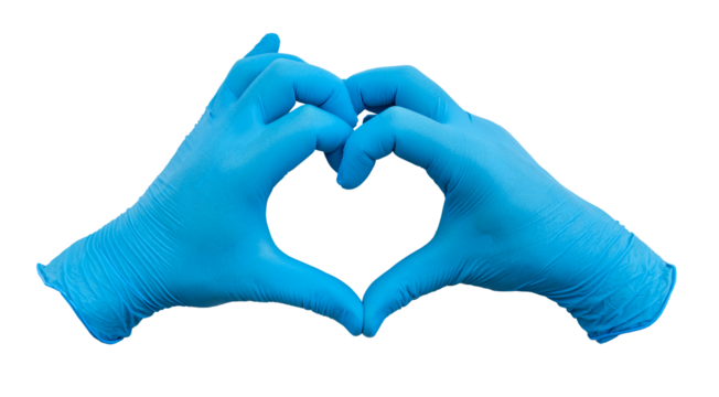 Hands in blue rubber gloves show a heart on a white background. Rubber gloves isolate - Powered by Adobe