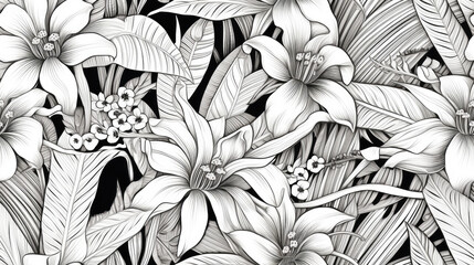 Tropical leaves linear line art in black and white, tiled and redy for pattern and repetition....