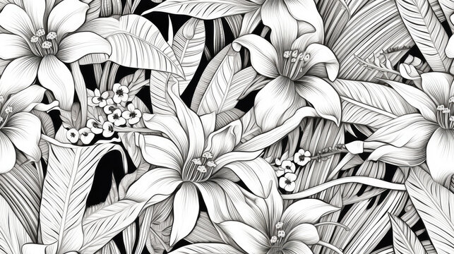 Tropical leaves linear line art in black and white, tiled and redy for pattern and repetition. Tiled decoration floreal with tropical element in duotone black and white. Colored book style
