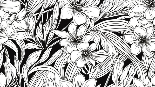 Tropical leaves linear line art in black and white, tiled and redy for pattern and repetition. Tiled decoration floreal with tropical element in duotone black and white. Colored book style