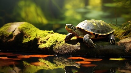 Fototapeta premium A wise-looking turtle basking on a sunlit rock in a serene pond