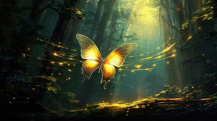 A butterfly in flight, dancing among beams of sunlight in a mystical forest