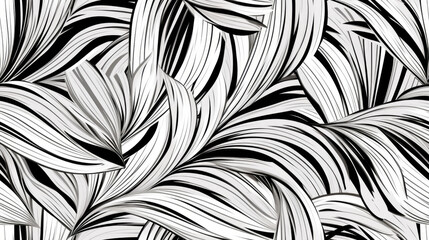 Tropical leaves linear line art in black and white, tiled and redy for pattern and repetition. Tiled decoration floreal with tropical element in duotone black and white. Colored book style - obrazy, fototapety, plakaty