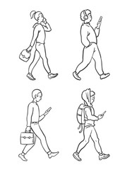Young people talking on the phone. Walking down the street. Set vector illustration black and white. Hand drawn sketch ink