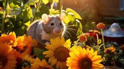 A playful mouse nibbling on a sunflower seed in a sunlit garden
