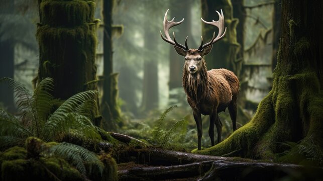 A majestic stag standing proud in a mist-covered ancient forest
