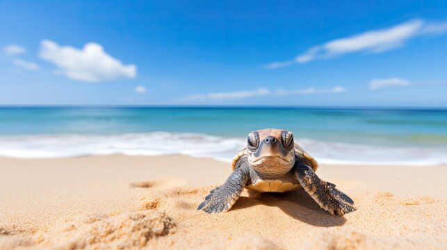 A playful baby turtle making its way across a sandy beach