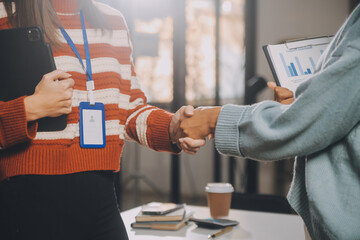 Meeting and greeting concept, Two confident Business handshake and business people after discussing...