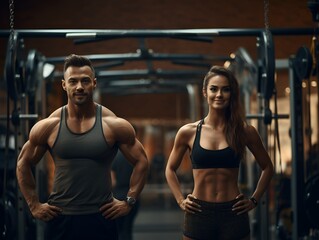 Fototapeta na wymiar Muscular and fit man and woman posing in the gym after working out.
