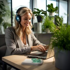 Female customer service representative talking through a headset with a microphone, smiling and working on a laptop in an office.