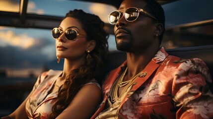 A wealthy and young African American couple with sunglasses on a private yacht enjoying a summer day. - obrazy, fototapety, plakaty